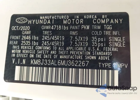 2021 Hyundai Tucson Sport z USA, uszkodzony, nr VIN KM8J33AL6MU362267